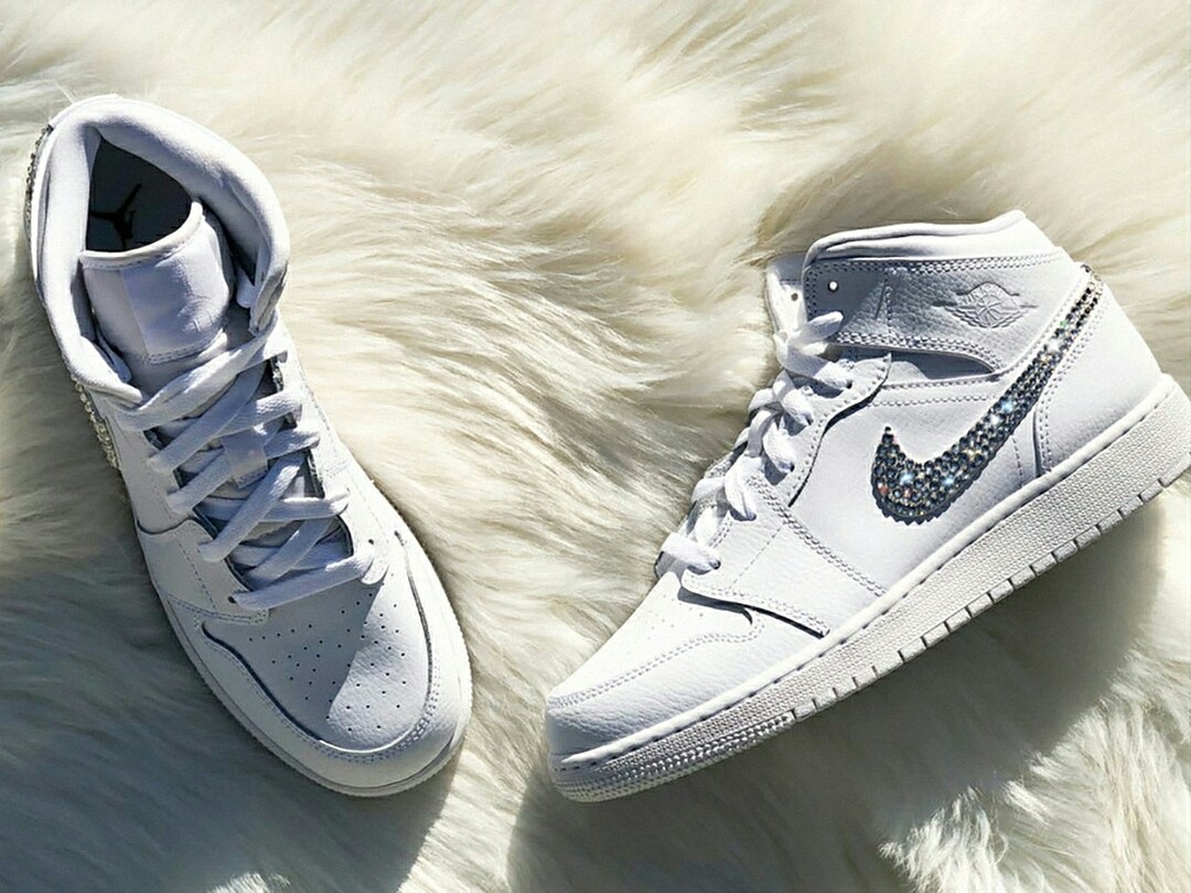 Swarovski Women's Nike Air Jordan Retro Mid All White Sneakers Blinged Out With Authentic Clear Swarovski Crystals Custom Bling Nike Shoes